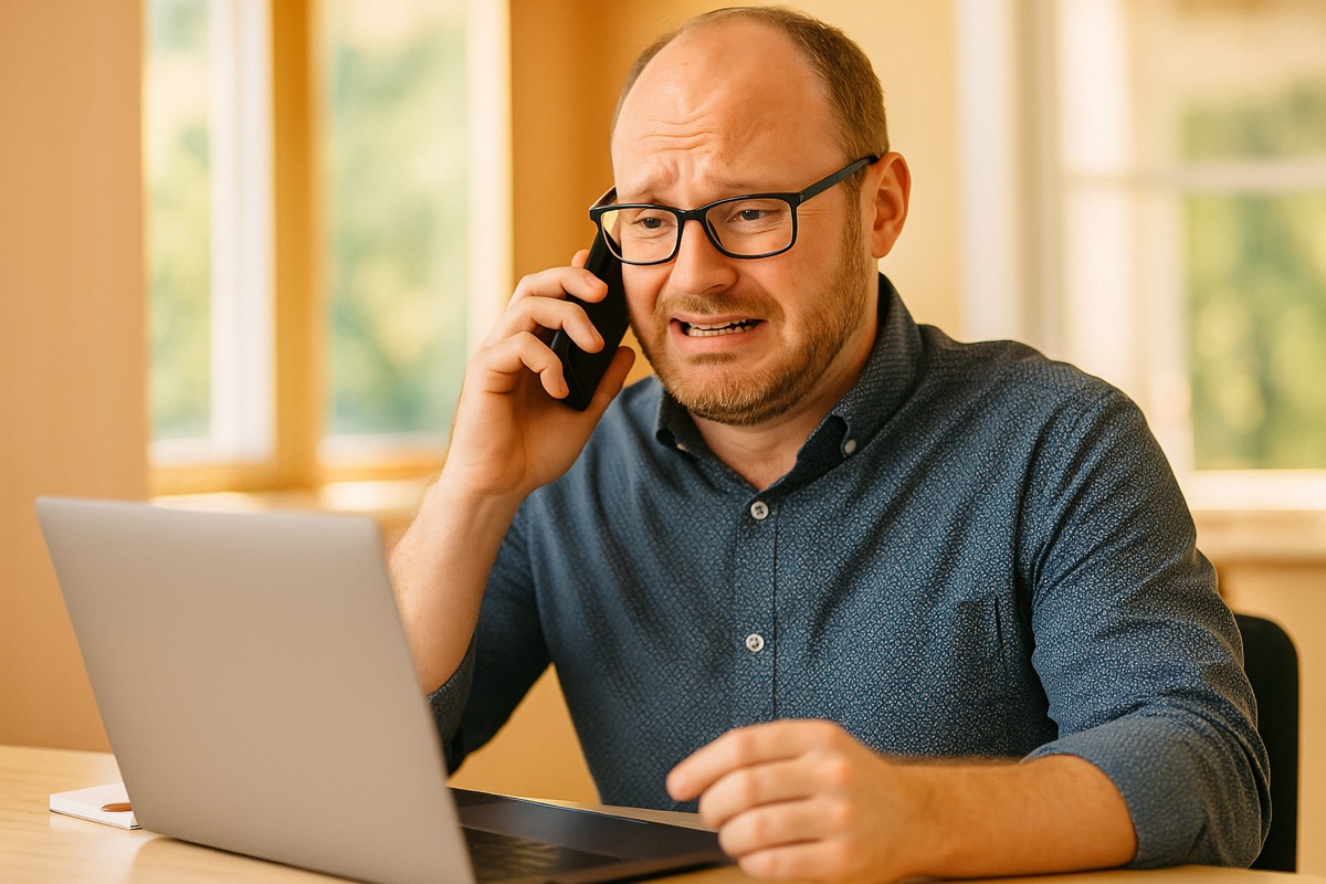 En person ser lätt obekväm ut medan hen säger en summa pengar i telefon