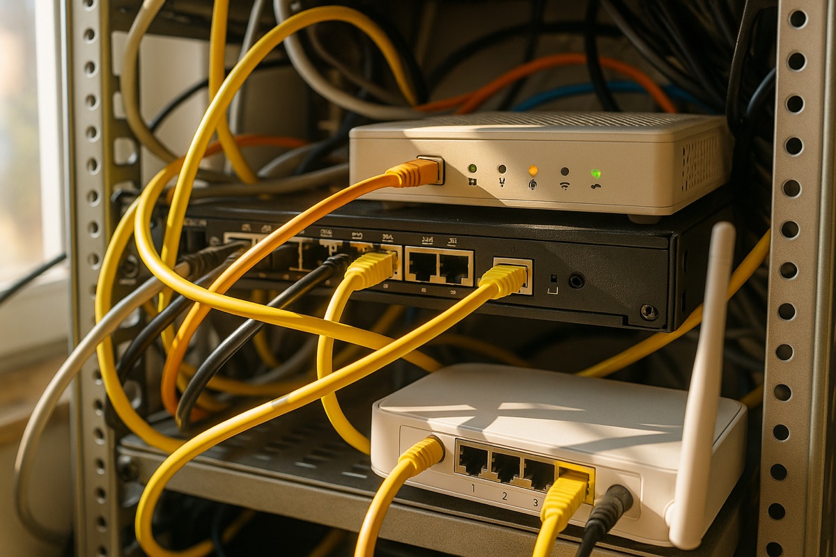 Närbild på nätverks- och ISP-utrustning i ett utrustningsskåp
