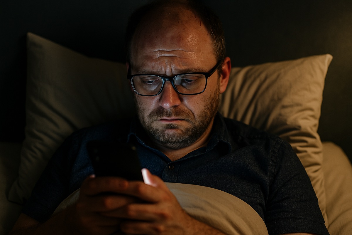 En trött, utmattad person kollar telefonen i sängen på natten