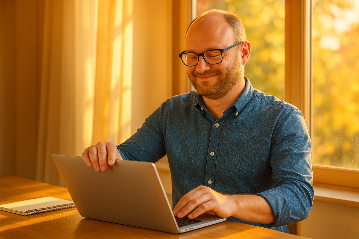 En lugn, nöjd person stänger sin laptop i kvällsljus
